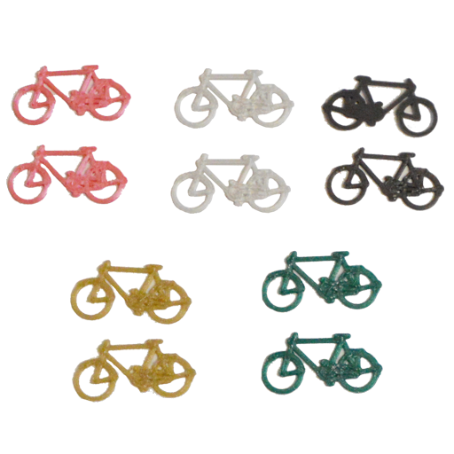 Dieses Set für Spurweite H0, beinhaltet 2 schwarze, 2 rote, 2 metallicgrüne, 2 silbergraue und 2 perlgoldene Fahrräder.