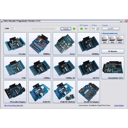 Mit dem Stärz Decoder Programmer V3.4.0 können bequem per PC Stärz Module und Lokdecoder im Selectrix, Selextrix-2, und DCC Format  programmiert und ausgelesen werden.
Ein SX-Monitor ist im Stärz Decoder Programmer integriert.