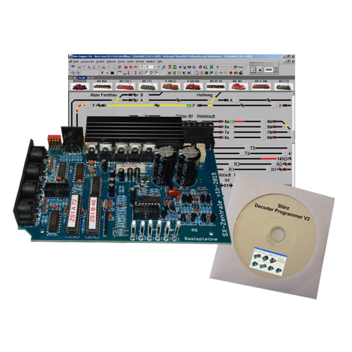 Die Basisplatine der Profizentrale ZS1 mit dem Stärz Decoder Programmer V2 und WinDigipet ist die günstige Einsteigervariante zu einer vollwertigen Digitalzentrale zum Betreiben einer digital gesteuerten Modellbahnanlage im reinen Selectrix-Format.